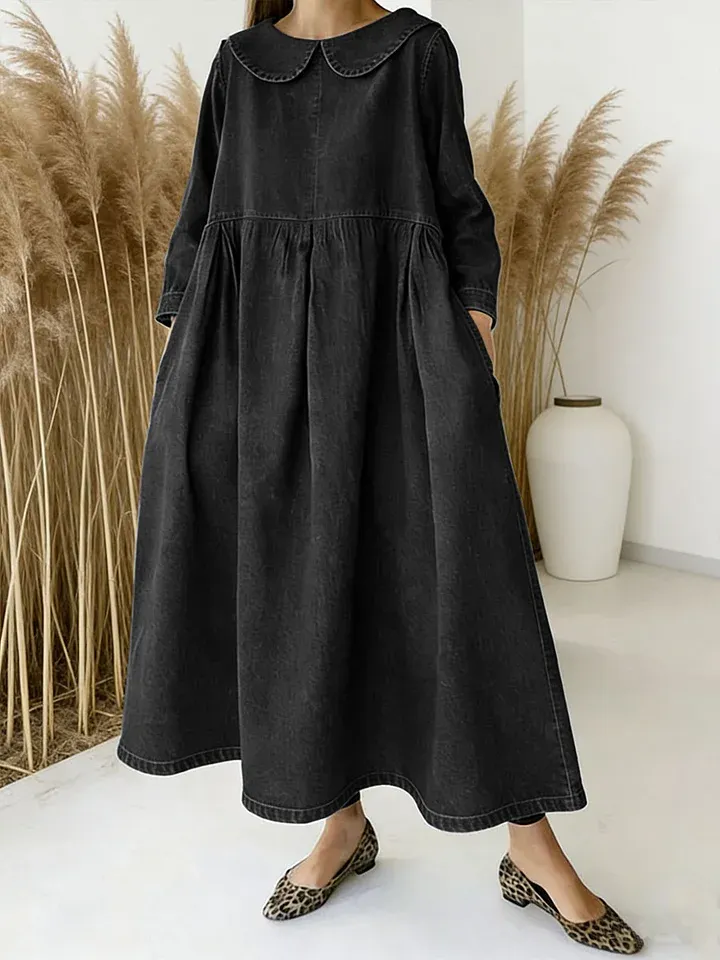 Women's Peter Pan Collar Long-sleeved Loose-fitting Casual Denim Dress - iotean