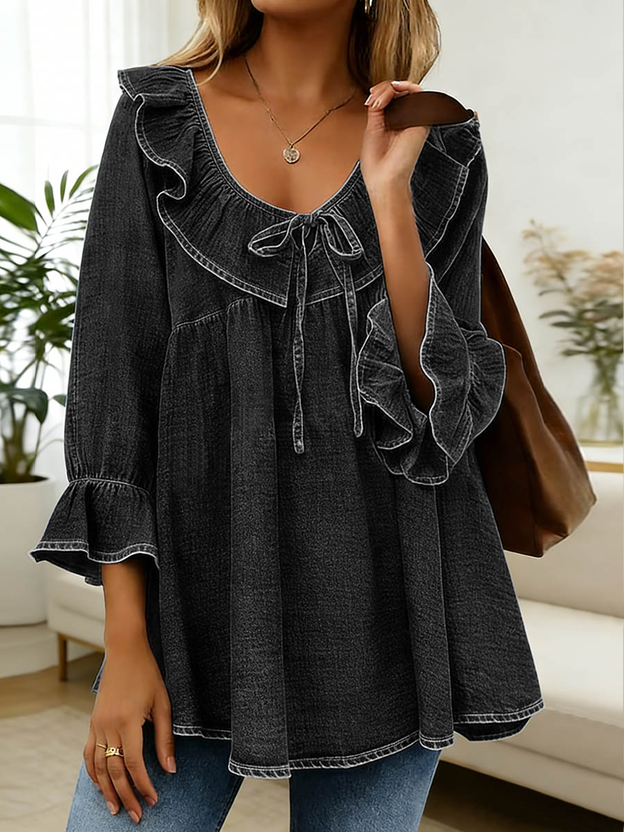 Women's Ruffled V-neck 3/4sleeved Loose-fitting Denim Top - iotean