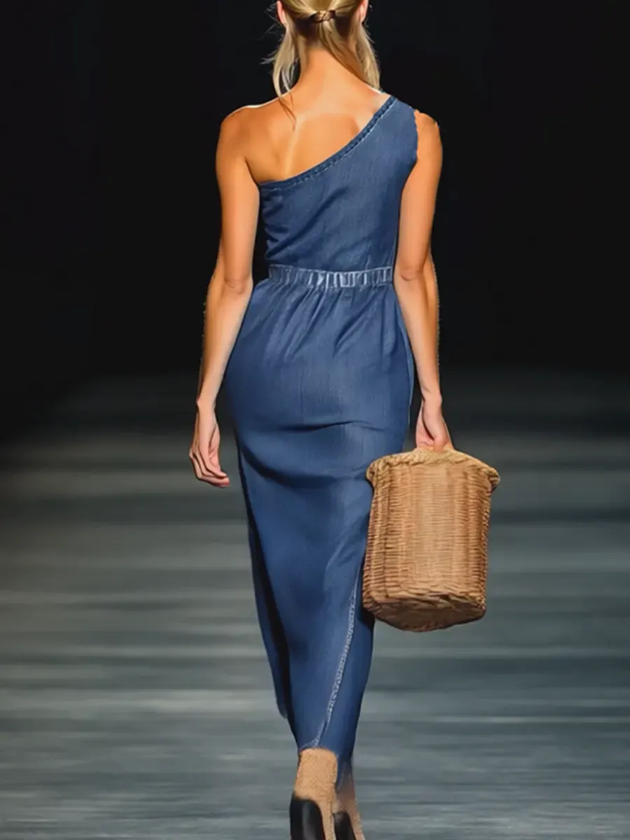 Women's Elegant Strapless Denim Floral Long Dress - iotean