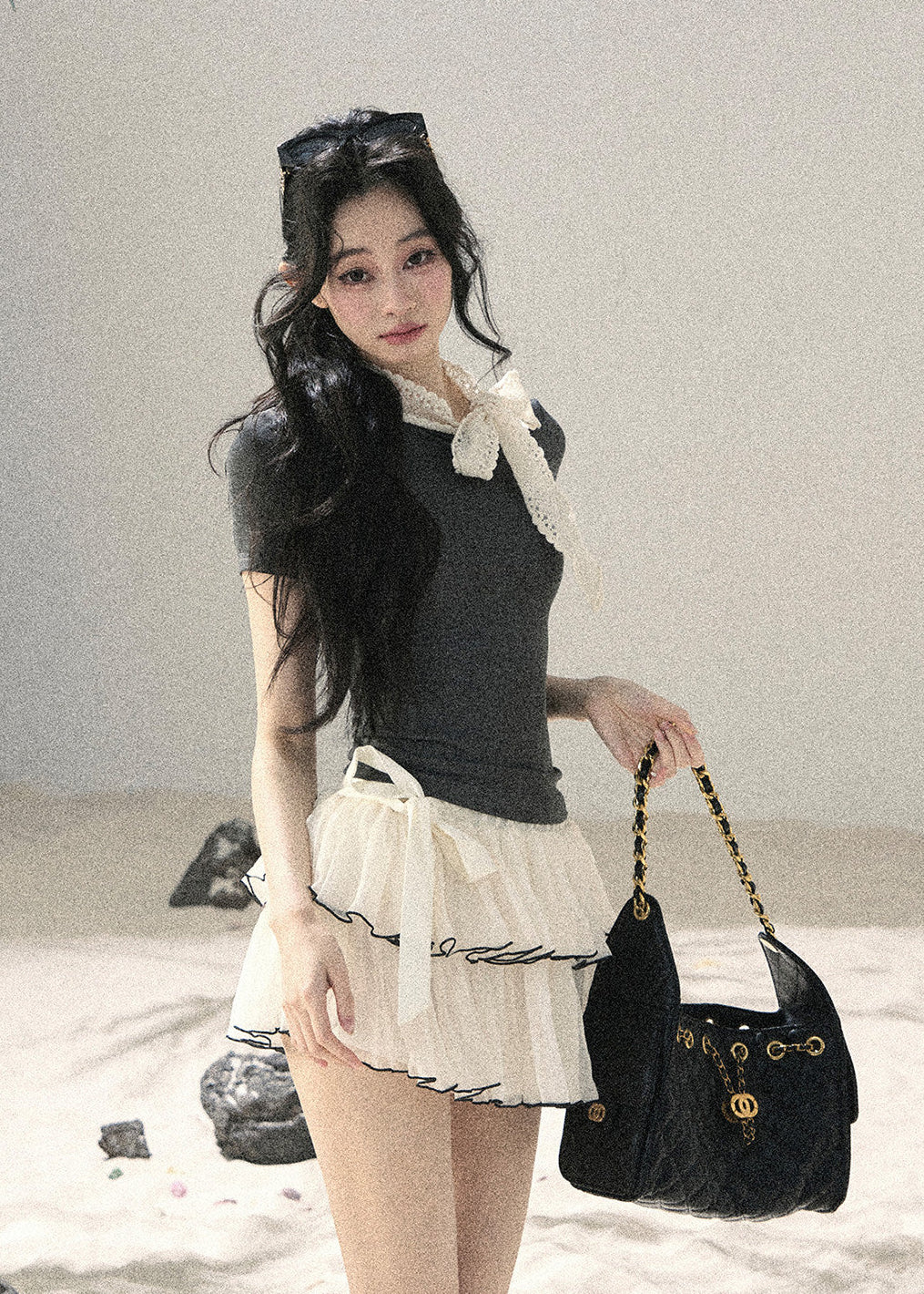 Gray Shadow Lace Bow Fitted T-Shirt - iotean