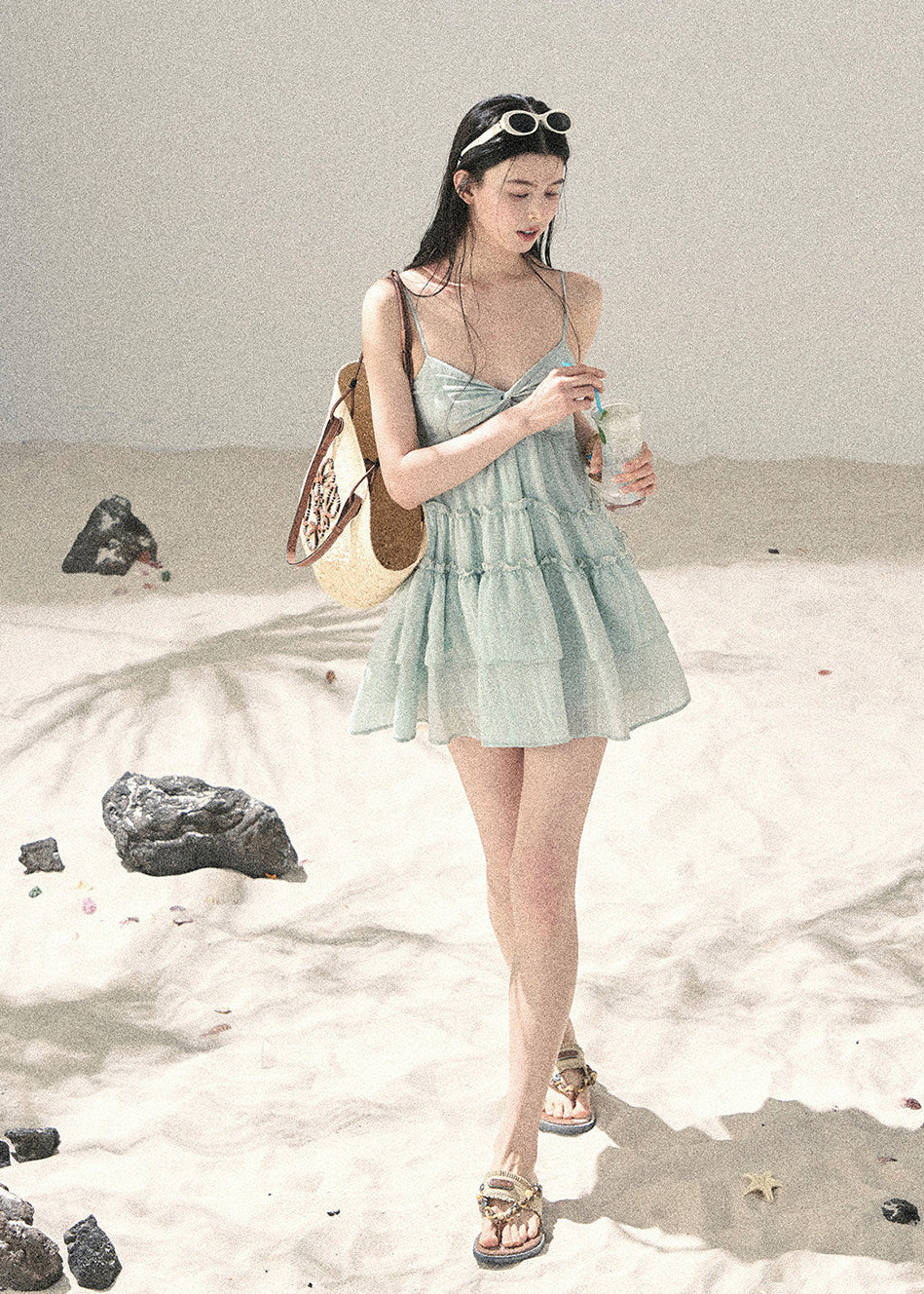 Seafoam Drift Tiered Mini Dress - iotean