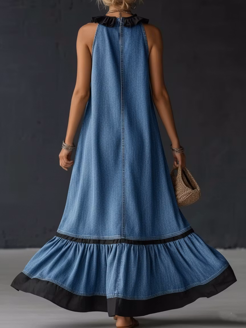 Elegant Color-block Ruffle Trim Denim Dress - iotean
