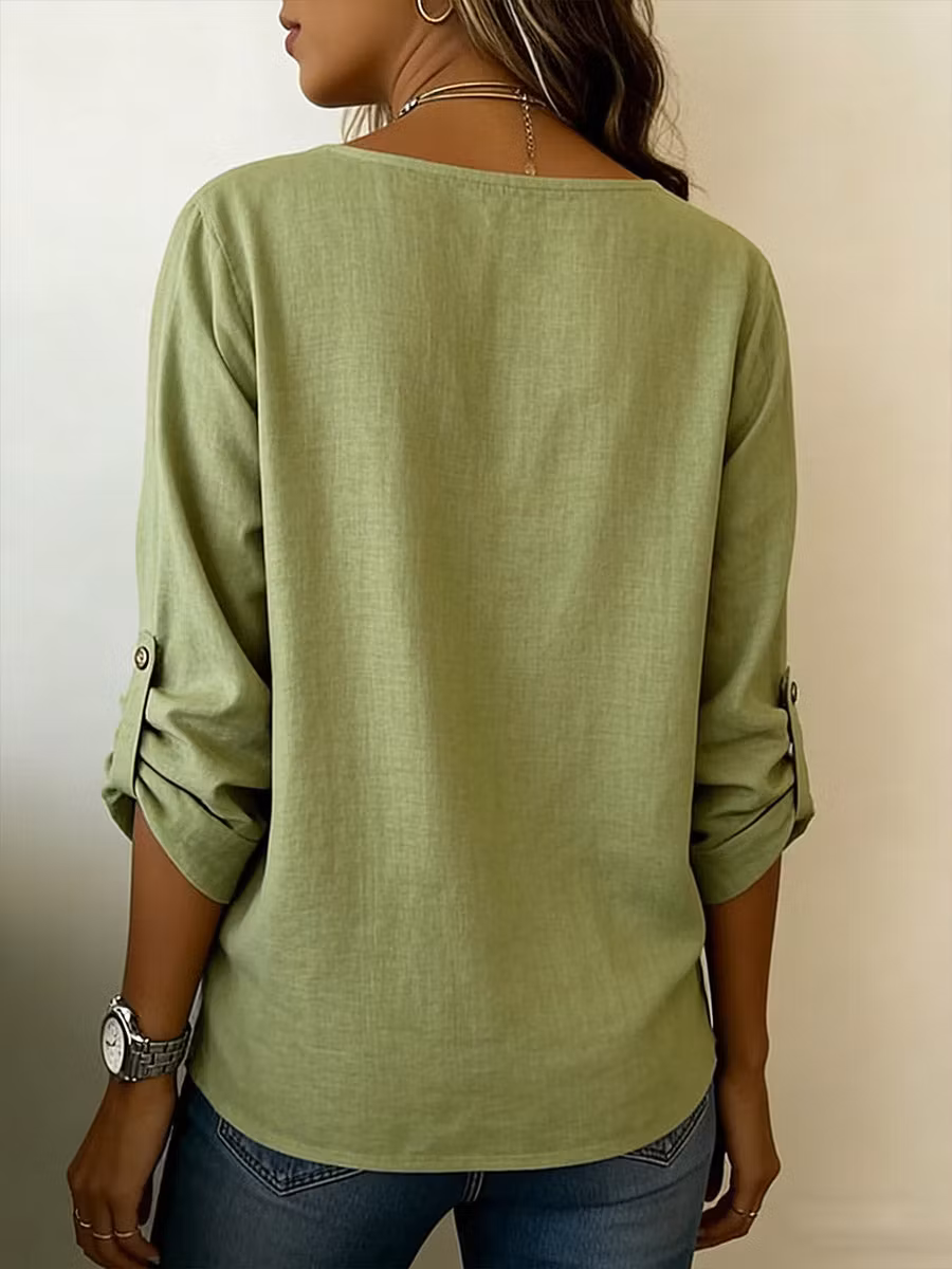 Women's Solid Color Round Neck Long-sleeved Casual Loose Cotton And Linen Top - iotean
