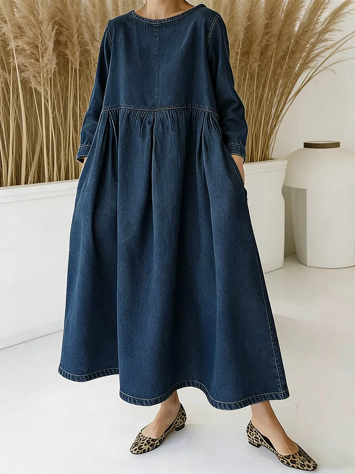 Women's Peter Pan Collar Long-sleeved Loose-fitting Casual Denim Dress - iotean