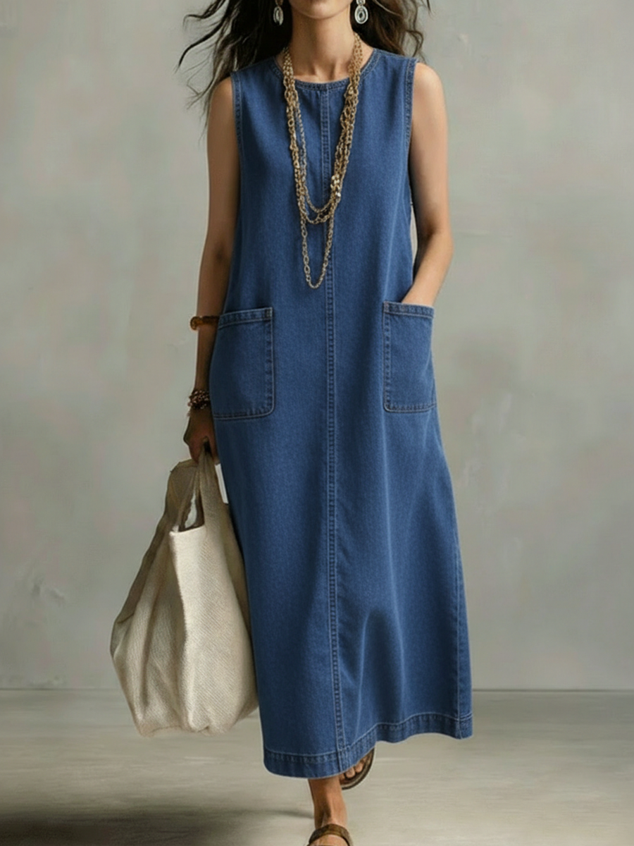 Casual Minimalist Patch Pockets Denim Dress - iotean