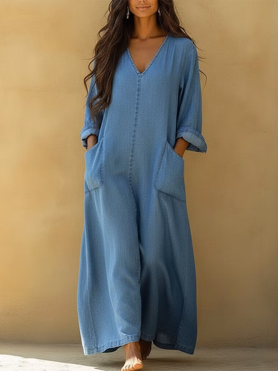 Casual V-neck Loose Denim Dress - iotean