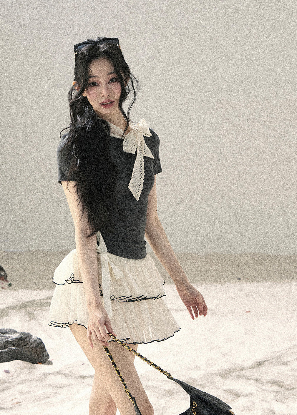 Gray Shadow Lace Bow Fitted T-Shirt - iotean