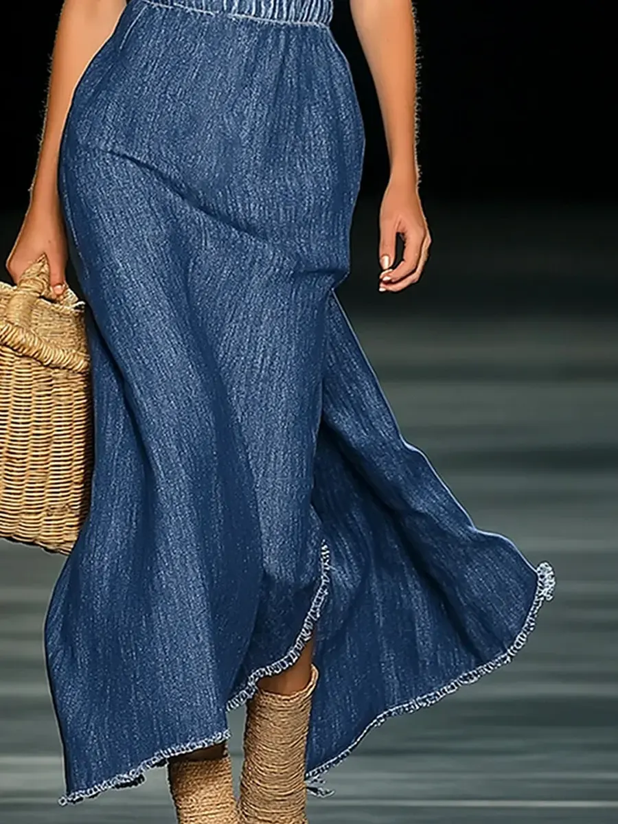 Women's Elegant Strapless Denim Floral Long Dress - iotean