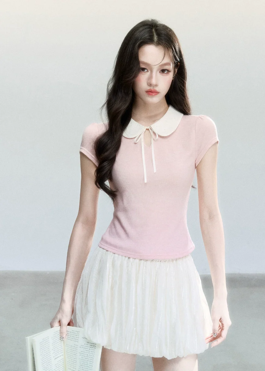 Doll Collar Slim Knit T-Shirt - iotean