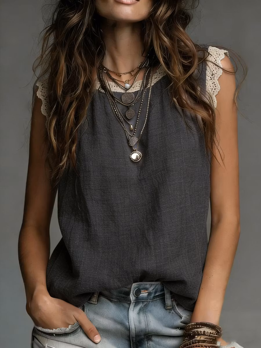 Women's Retro Round Neck Lace-paneled Sleeveless Loose-fit Solid-color Linen Shirt - iotean