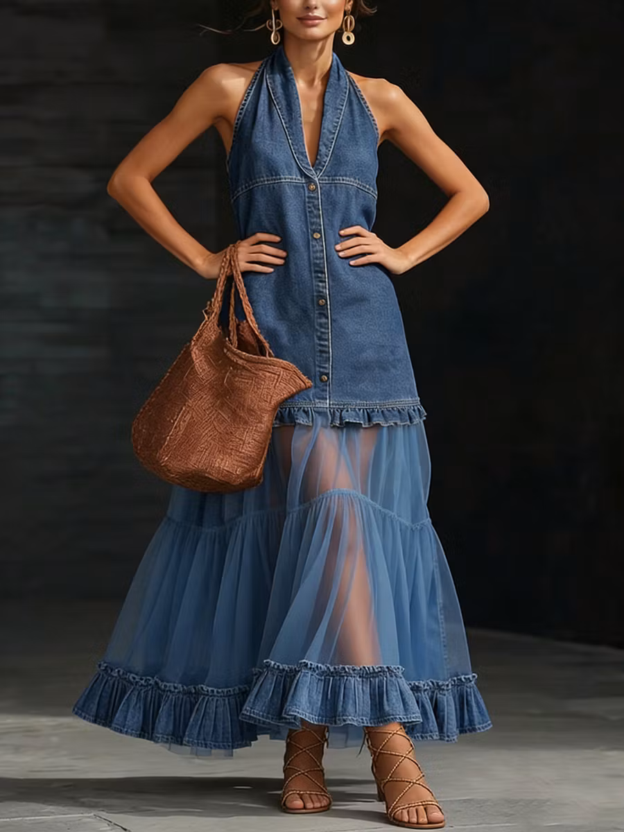 Stylish Elegant Organza-Paneled Denim Maxi Dress - iotean