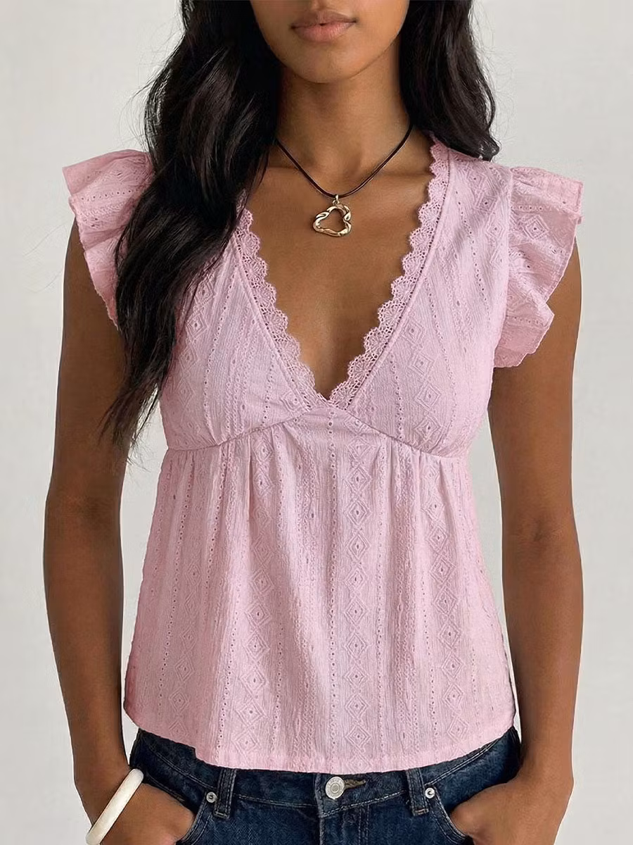 Women's Cutout V-neck Ruffled Sleeves Top - iotean