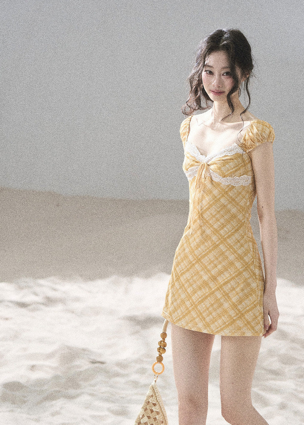 Golden Wheat Lace-Trim Mini Dress - iotean