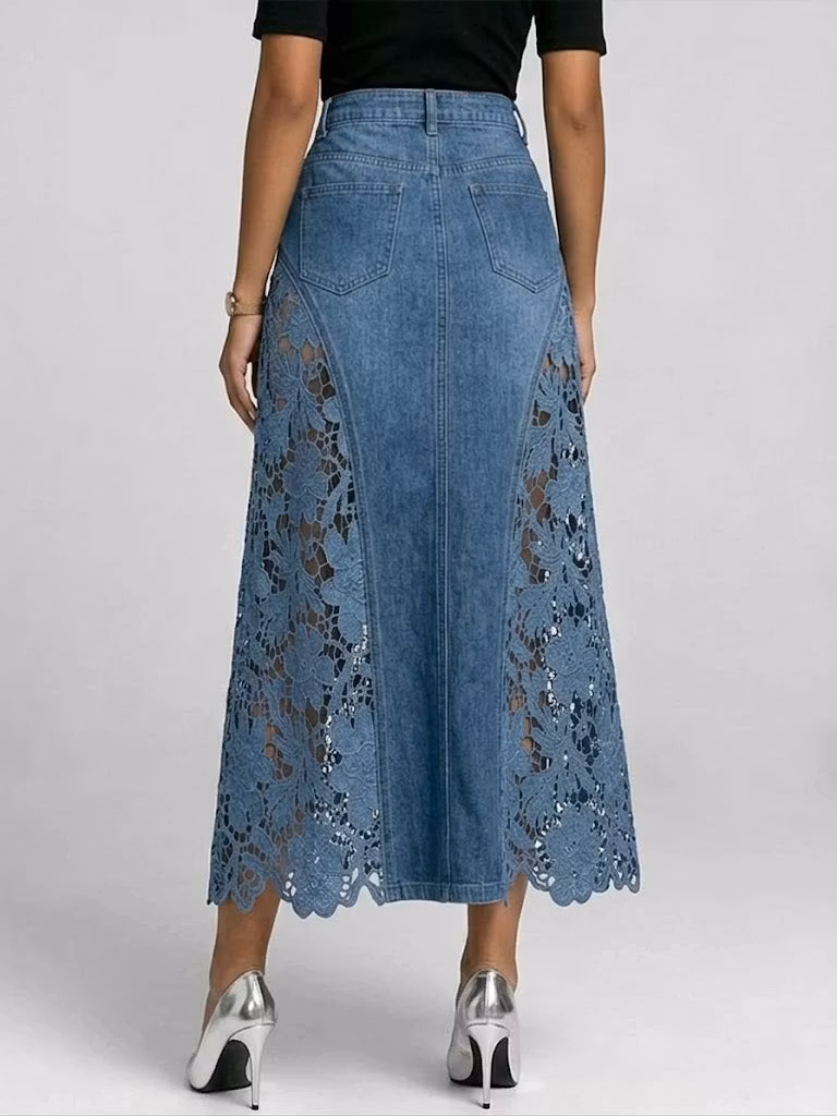 Casual Spliced lace Denim Skirt - iotean