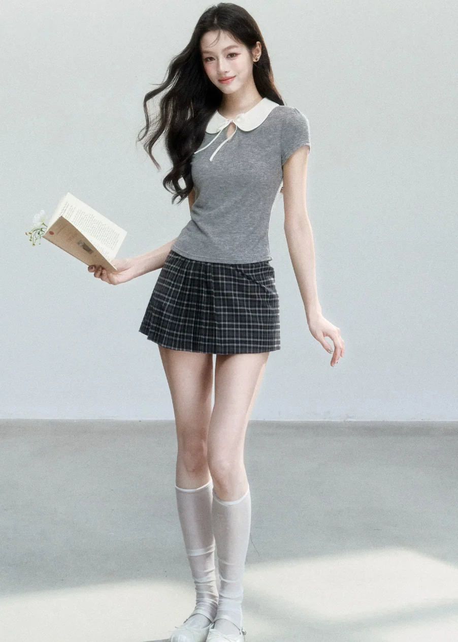 Doll Collar Slim Knit T-Shirt - iotean