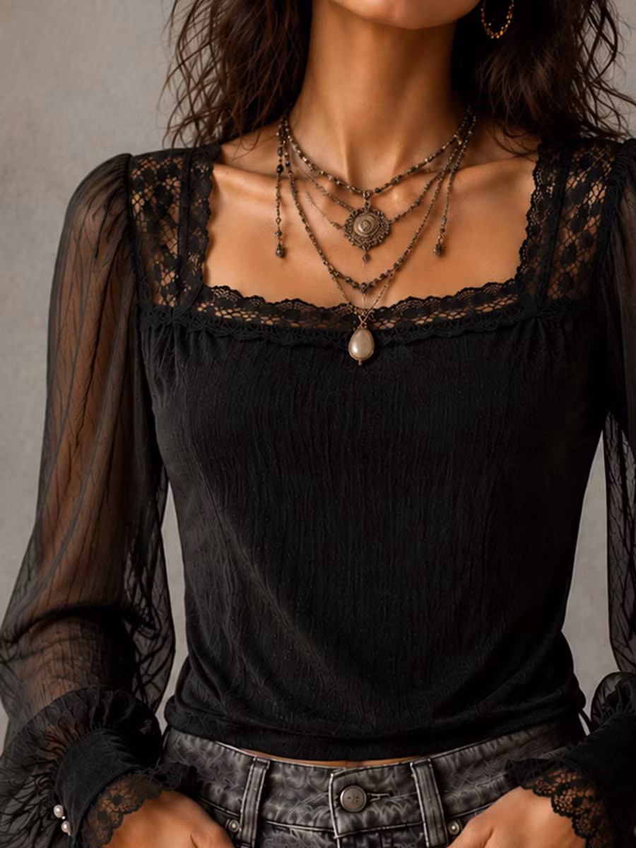 Retro Black Square Neck Lace Trim Mesh Puff Sleeve Blouse - iotean