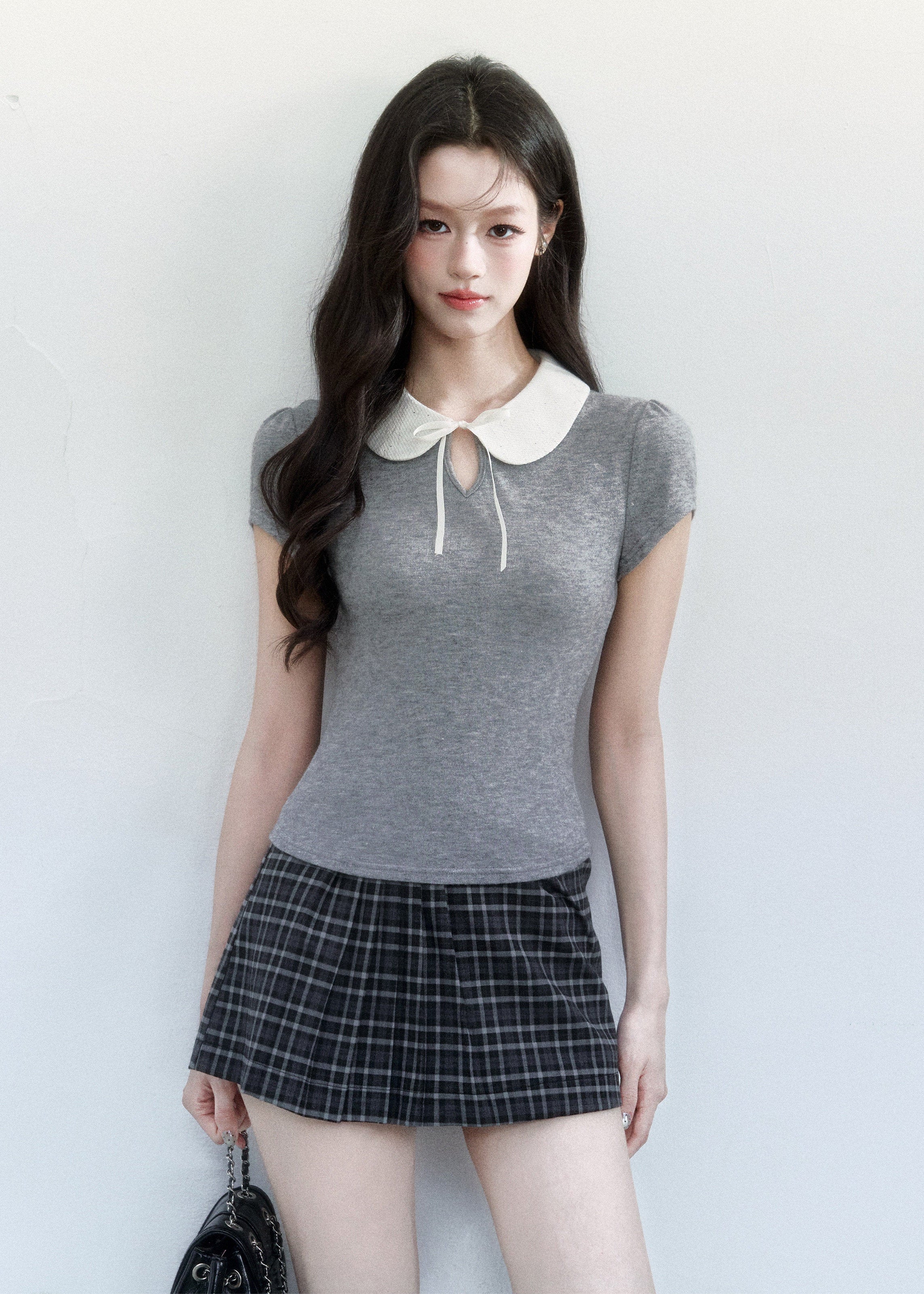 Doll Collar Slim Knit T-Shirt - iotean