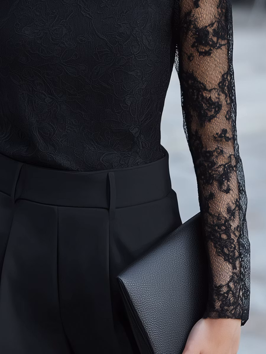 Sheer Long-Sleeve Lace High-Neck Blouse - iotean