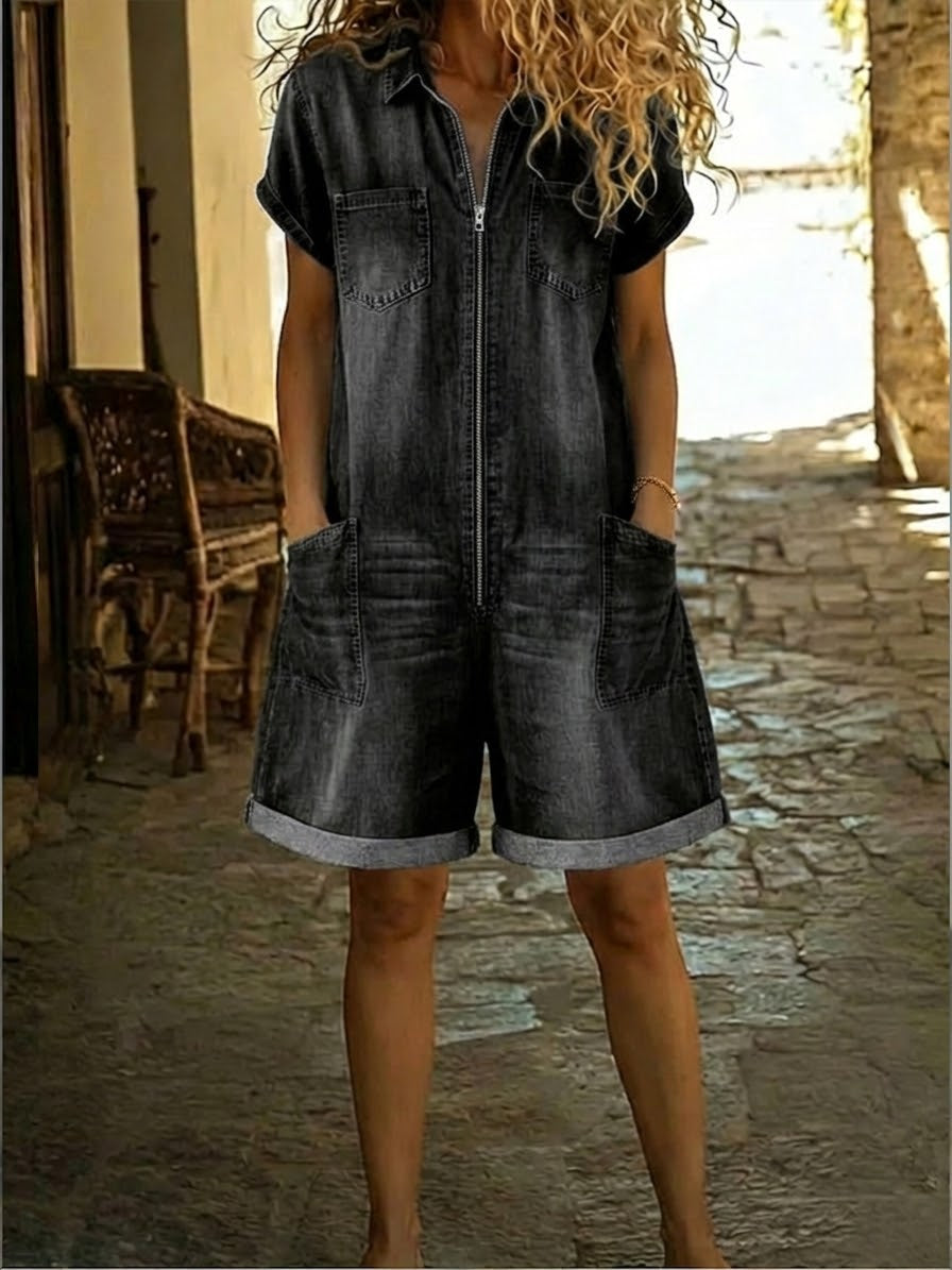 Casual Zip-up Denim Jumpsuit Shorts - iotean