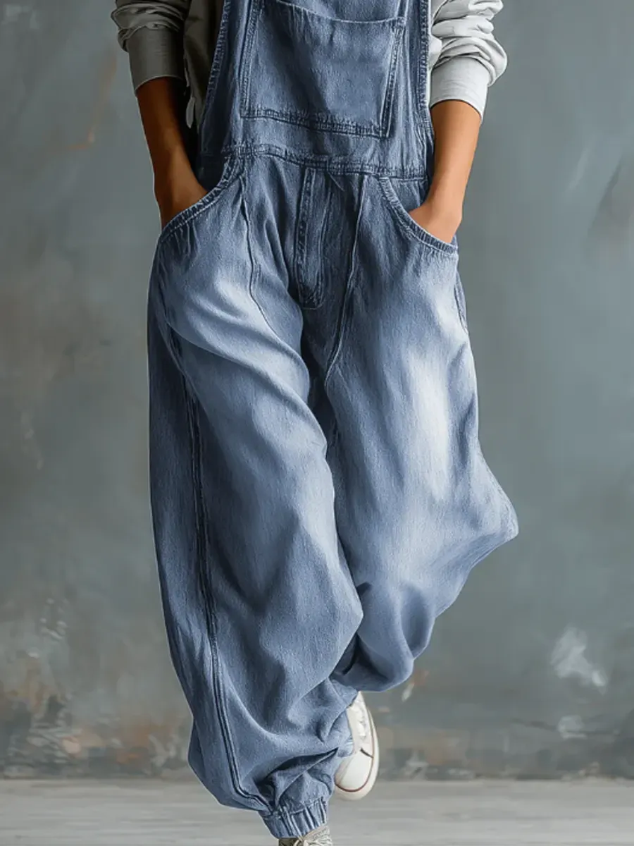 Women's Solid Color Art Casual Denim Jumpsuit - iotean