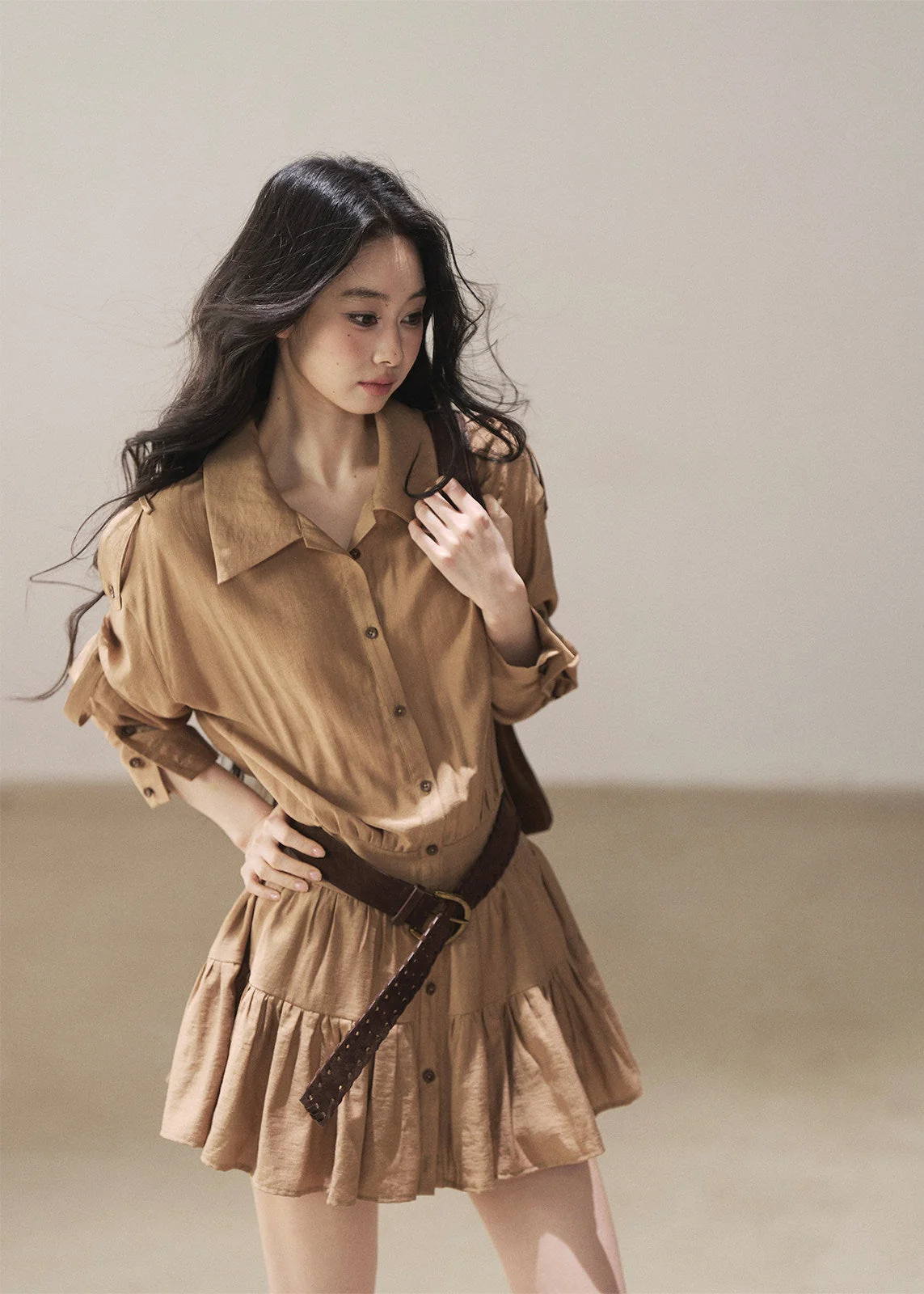 Golden Wheat Lapel Dress Set - iotean