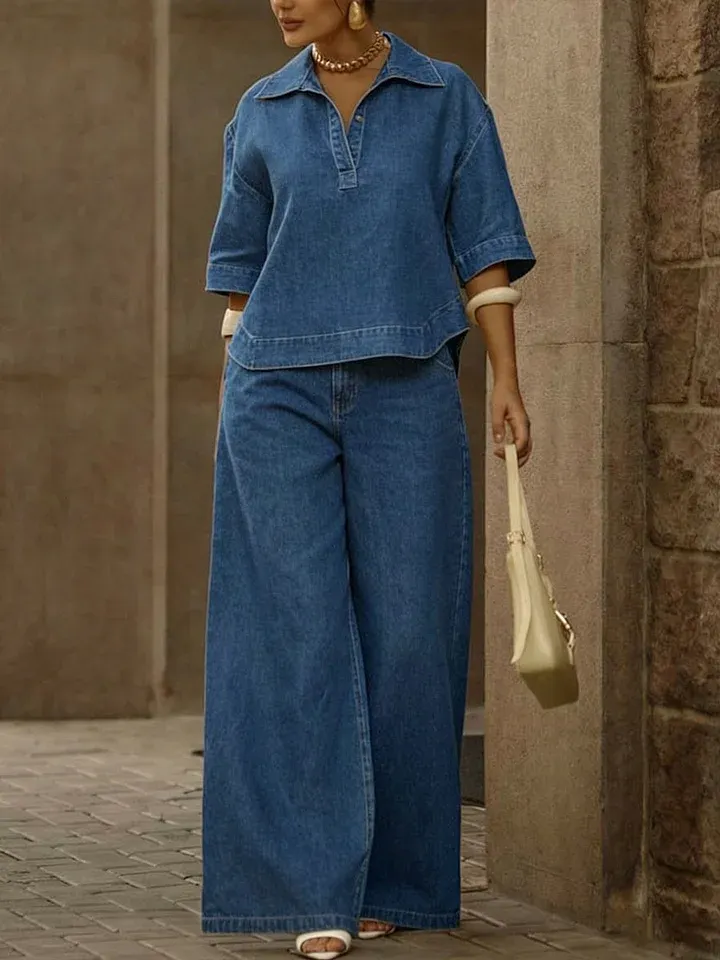 Women's Casual 100% Cotton Denim Top And Wide-leg Pants Two-piece Set - iotean
