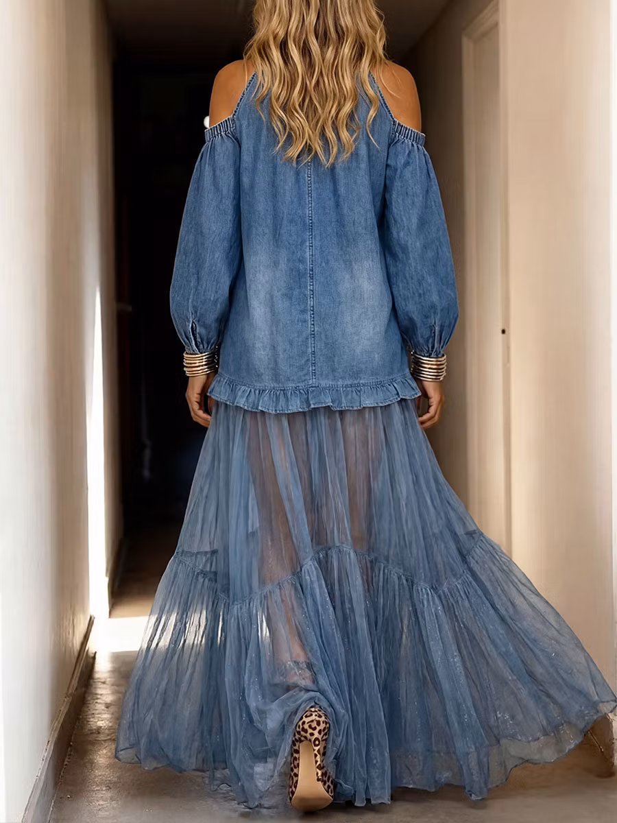 Women's Casual Loose-fit Dress: Stand Collar Long Sleeve Denim And Chiffon Patchwork - iotean