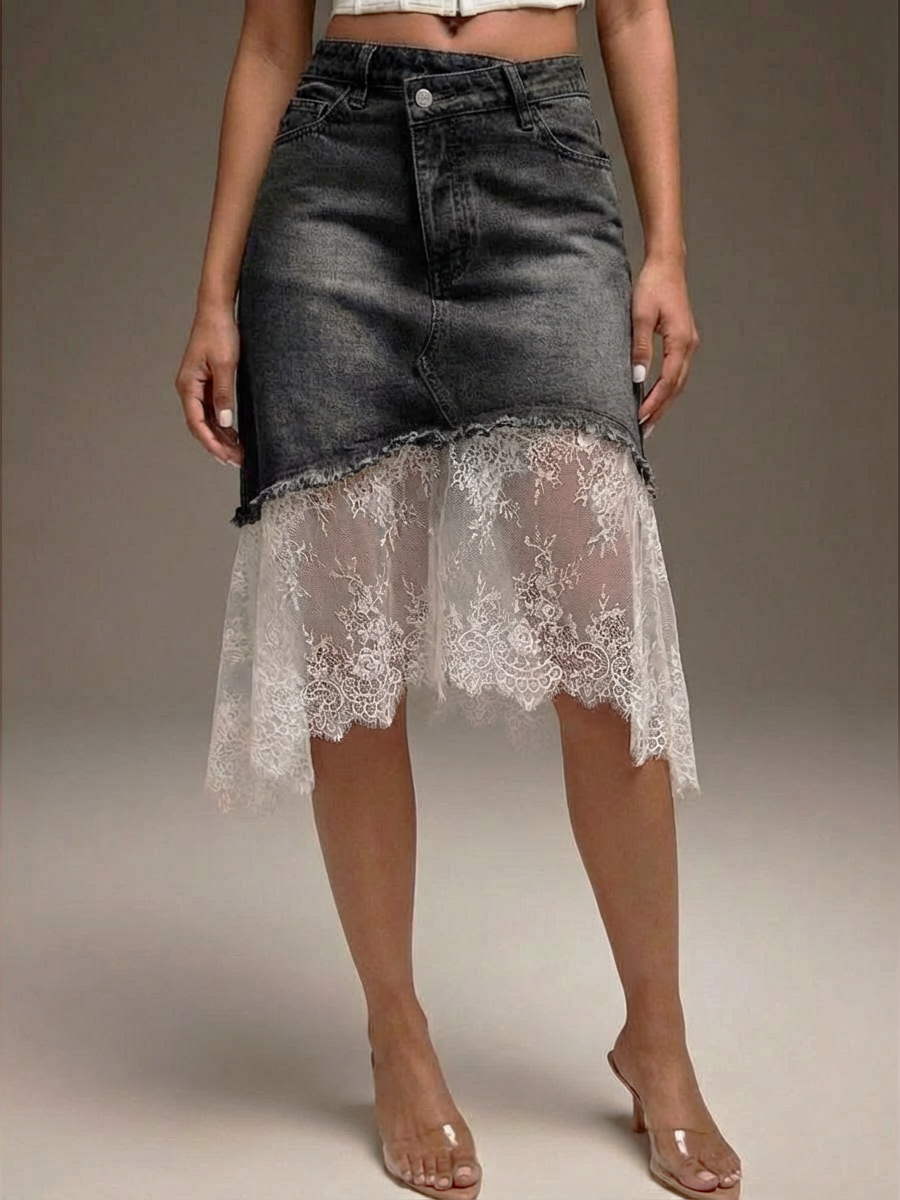 Casual Lace-paneled Denim Skirt - iotean