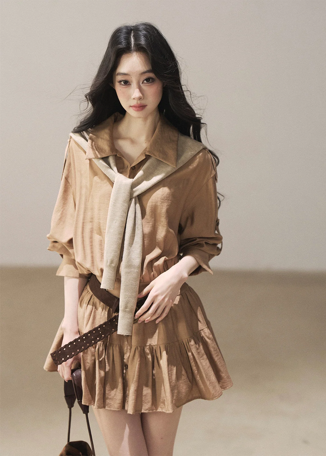 Golden Wheat Lapel Dress Set - iotean