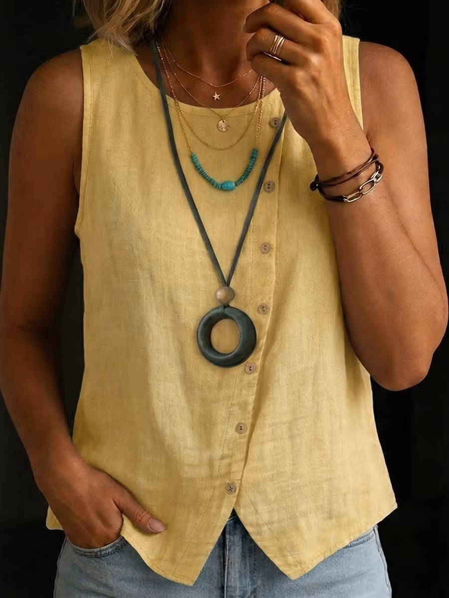 Women's Sleeveless Button-up Cotton Linen Top - iotean