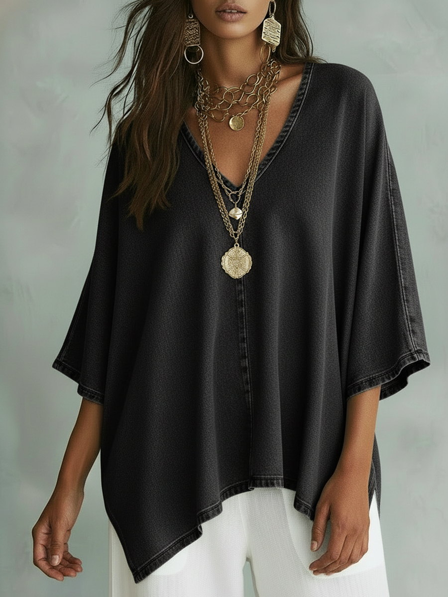 Cozy V-neck Loose-fitting Denim Shirt Top - iotean