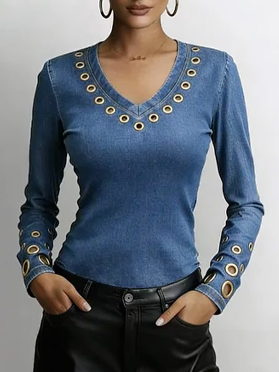 Women's Denim-look V-neck Long-sleeved Casual Loose-fitting Top - iotean