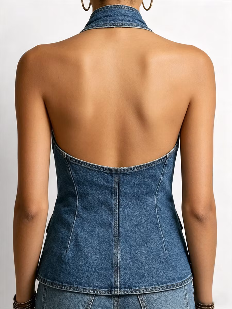 Stylish Casual Halter-neck Denim Top - iotean