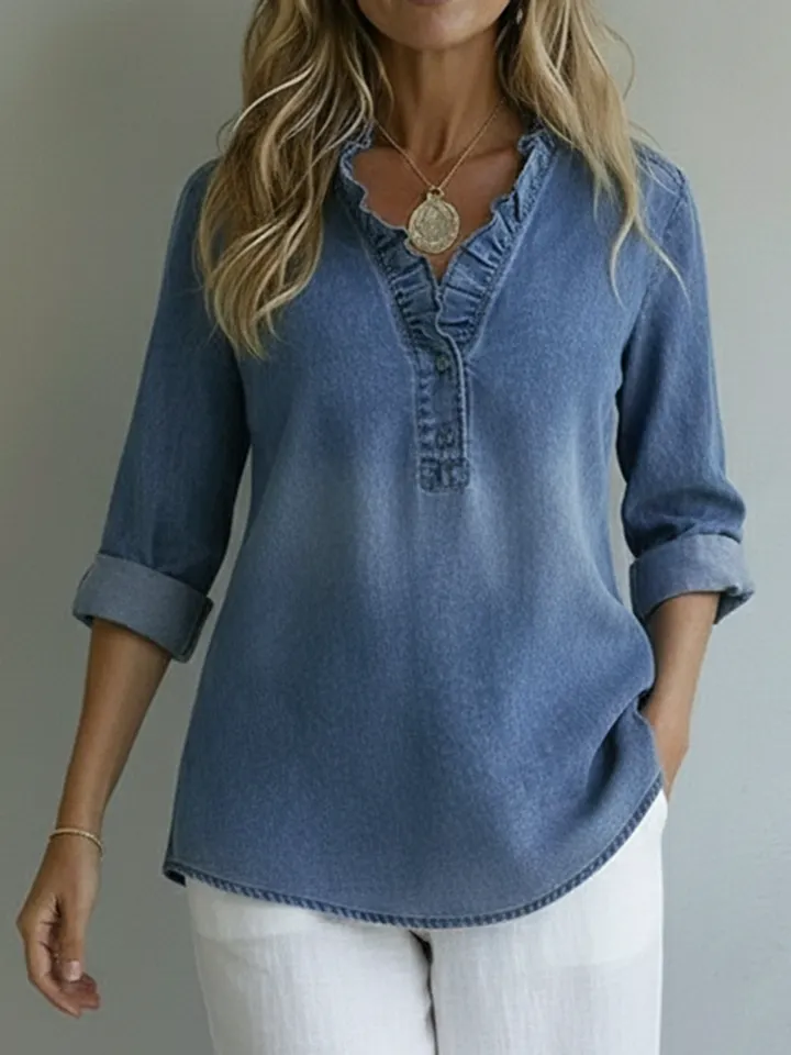 Casual Romantic Ruffled Collar Denim Shirt - iotean