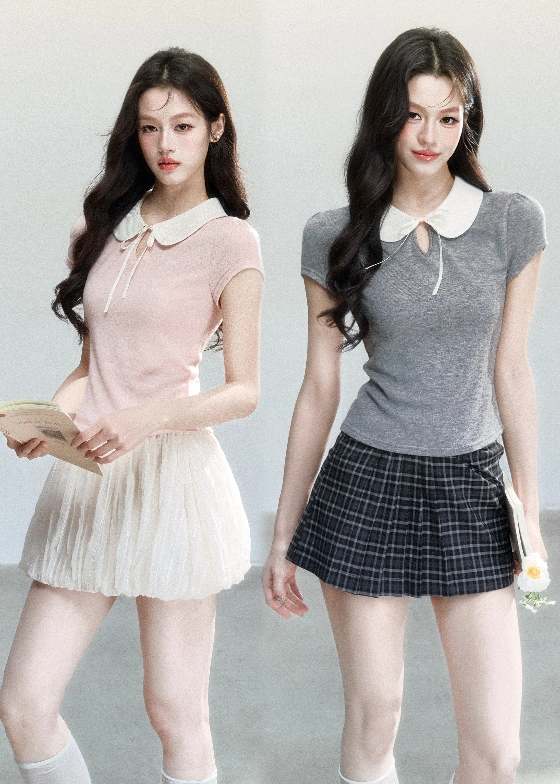Doll Collar Slim Knit T-Shirt - iotean