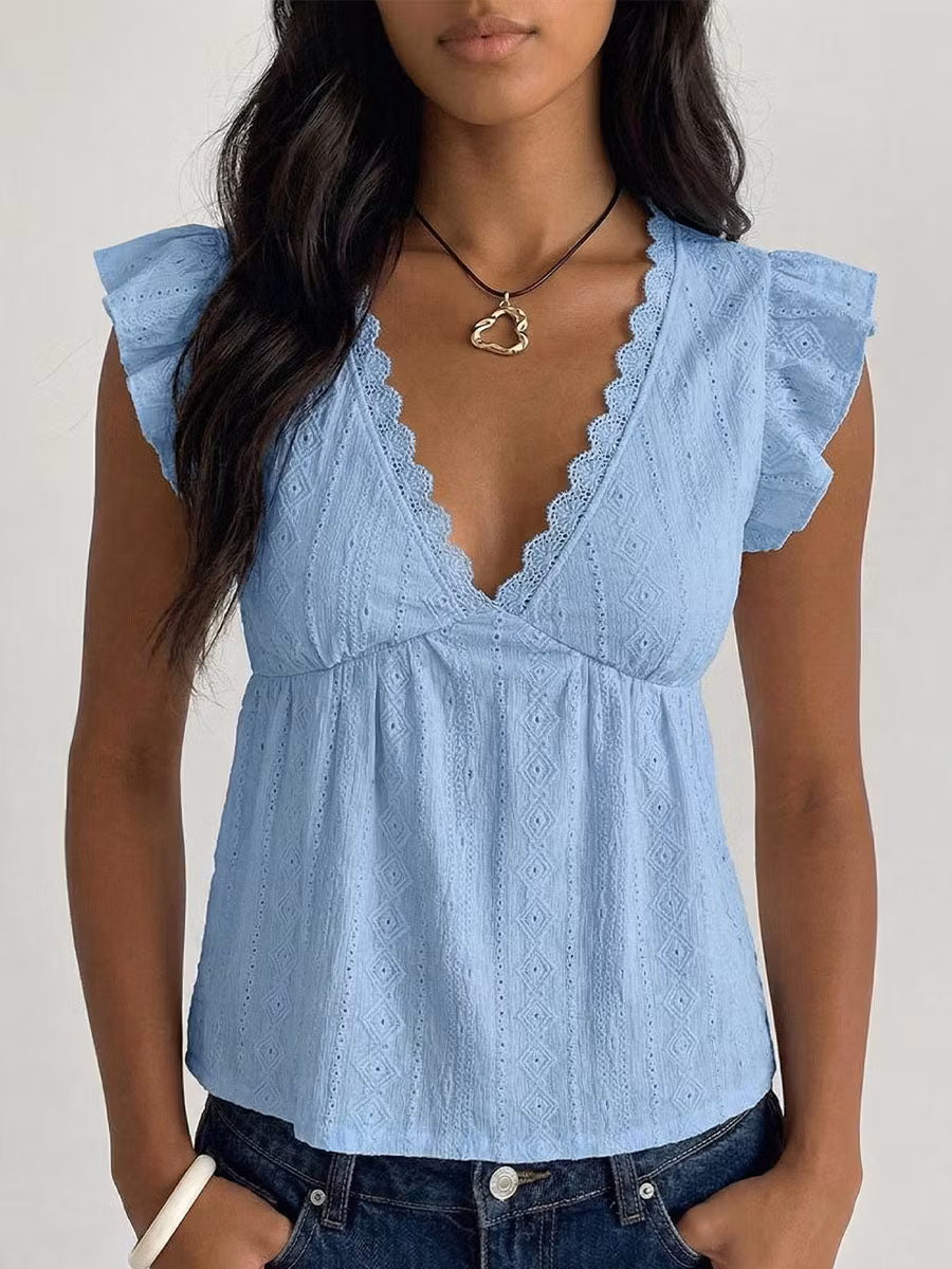 Women's Cutout V-neck Ruffled Sleeves Top - iotean