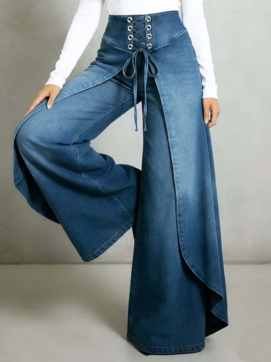 Retro High-waisted Ruffled Hem Tie-waist Loose-fitting Denim Jeans - iotean