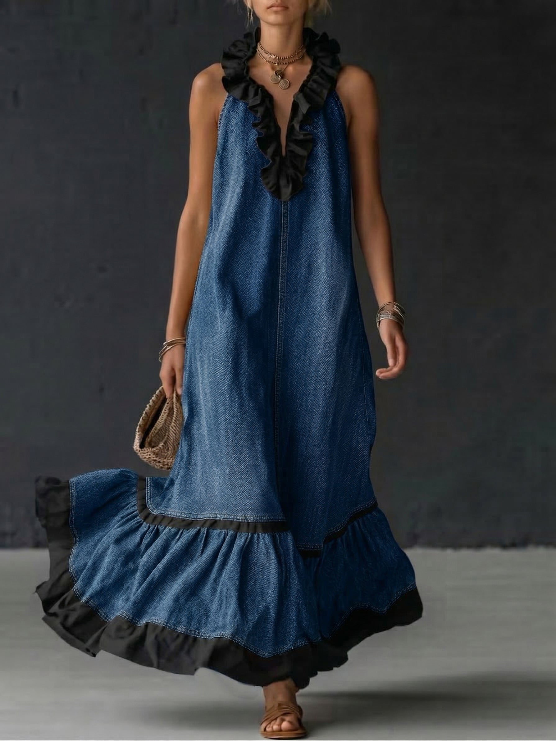 Elegant Color-block Ruffle Trim Denim Dress - iotean