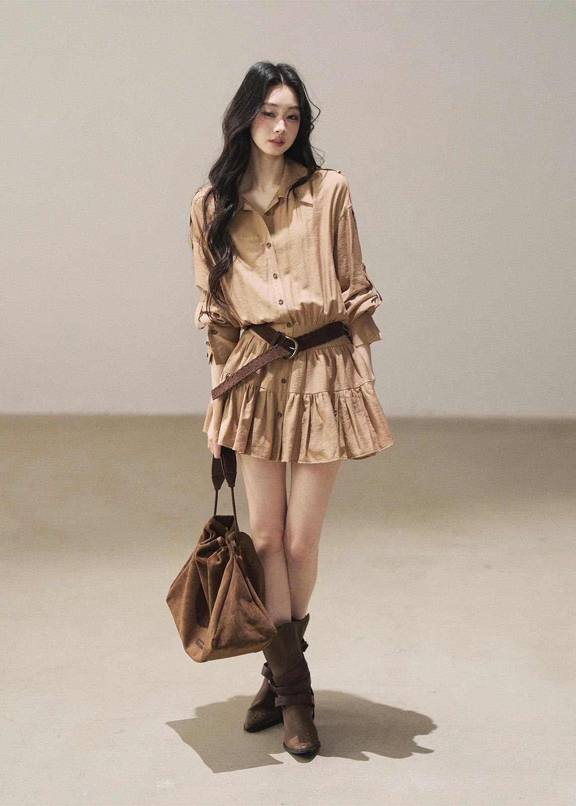 Golden Wheat Lapel Dress Set - iotean