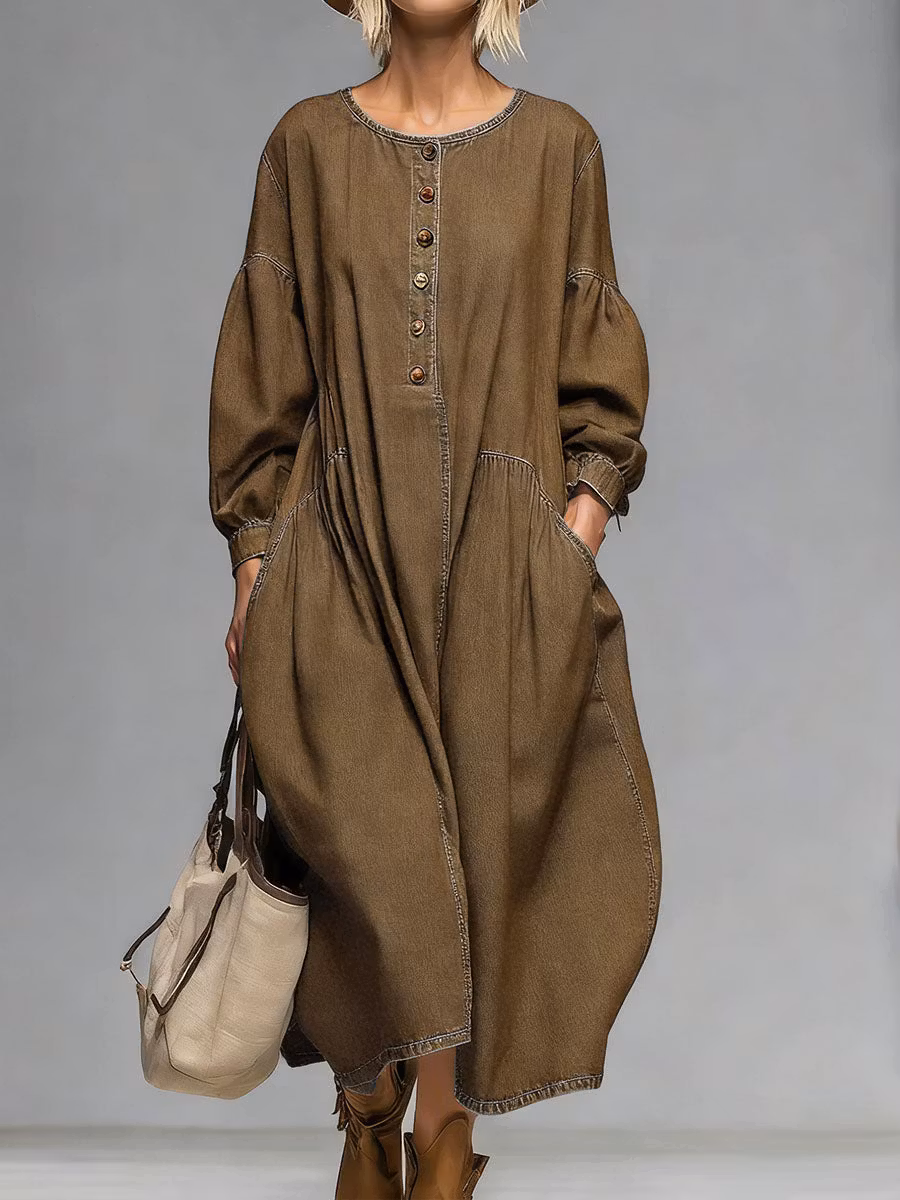 Women's Round Neck Long-sleeved Casual Loose Denim Dress - iotean