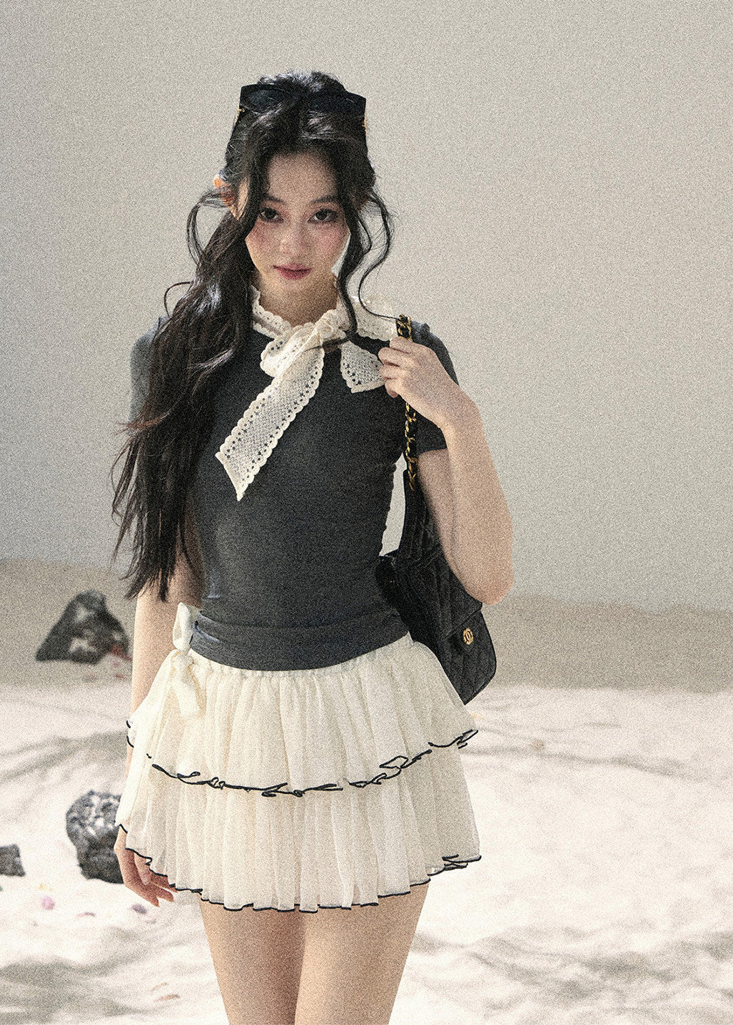 Gray Shadow Lace Bow Fitted T-Shirt - iotean
