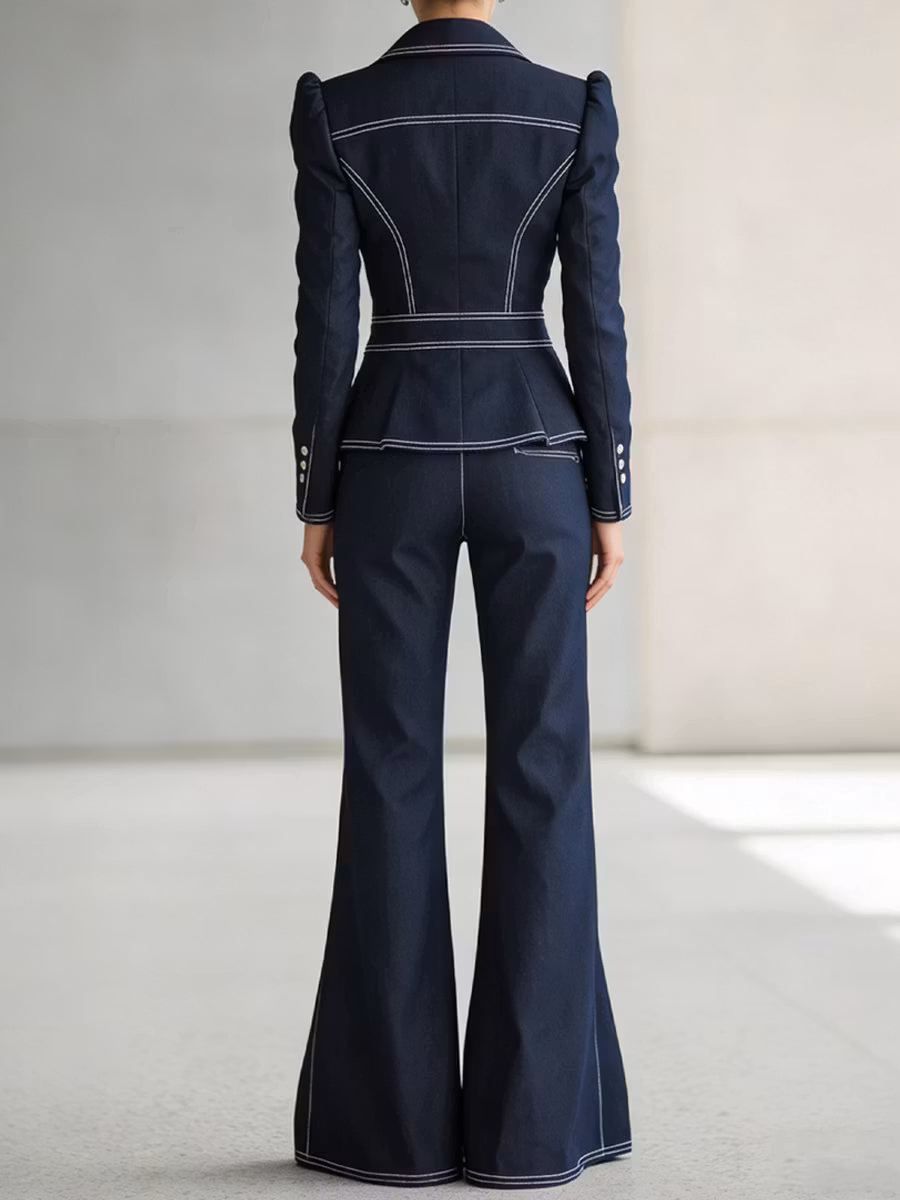 Women's Casual Denim Blazer And Wide-leg Pants Set - iotean