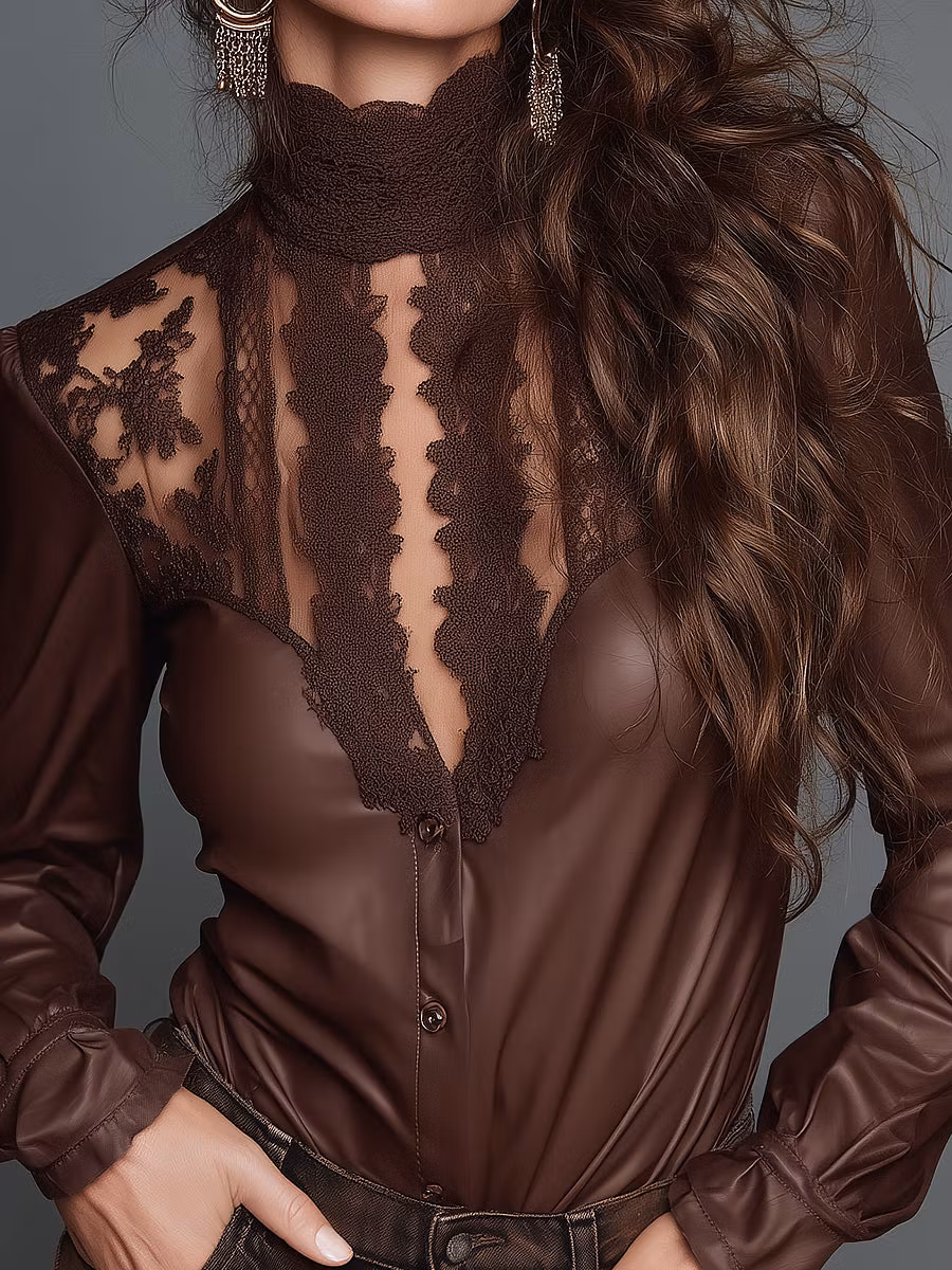 Vintage-style PU Stand-collar Long-sleeve Blouse With Lace Detailing - iotean