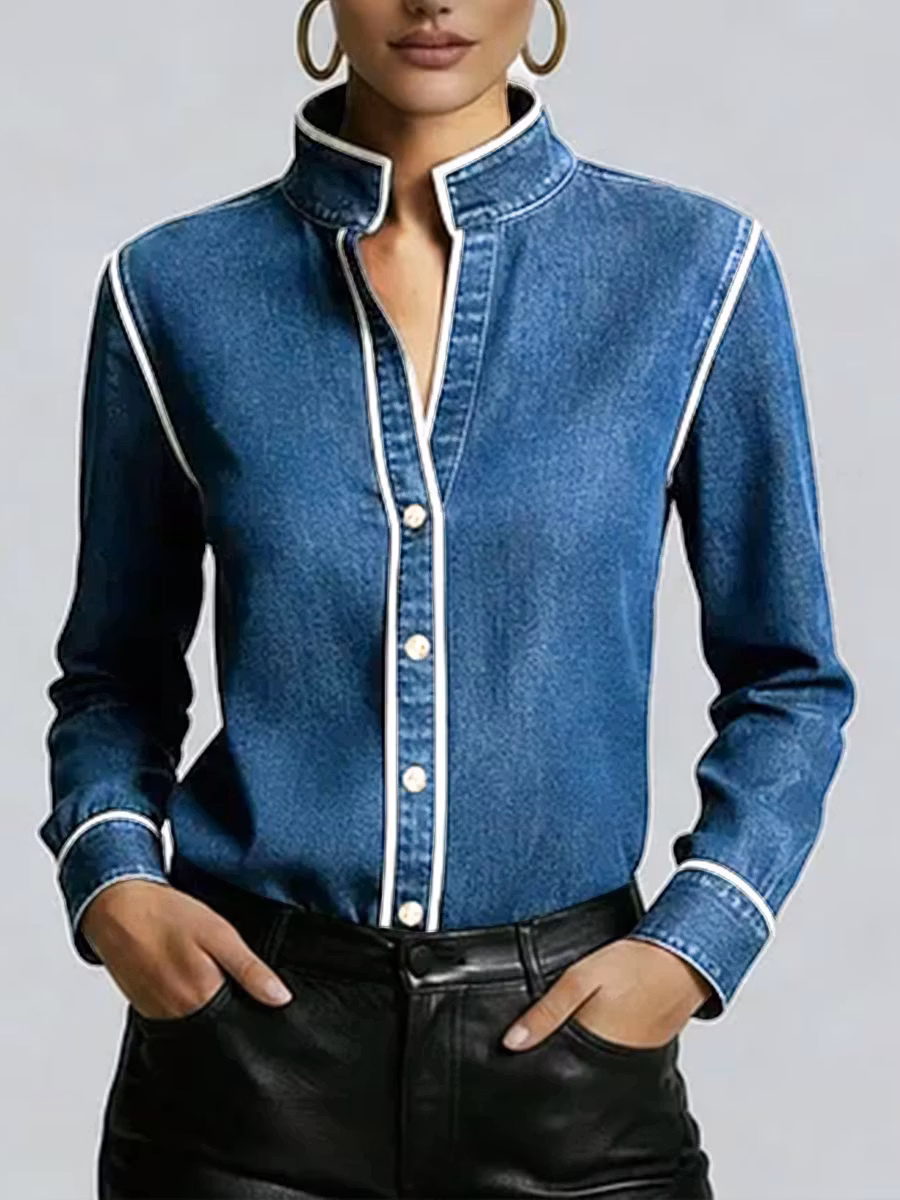 Women's Stand Collar Long Sleeve Casual Loose Denim Shirt - iotean