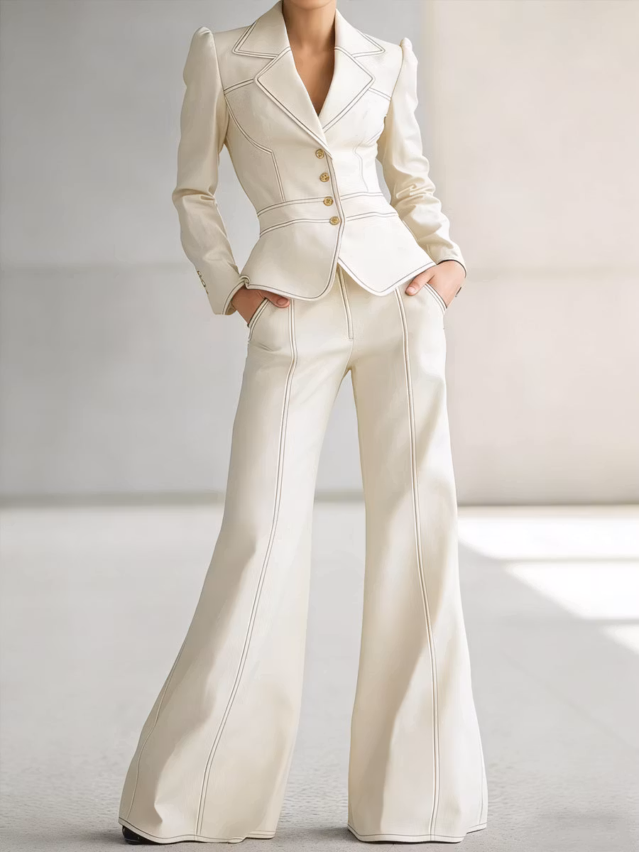 Women's Casual Denim Blazer And Wide-leg Pants Set - iotean