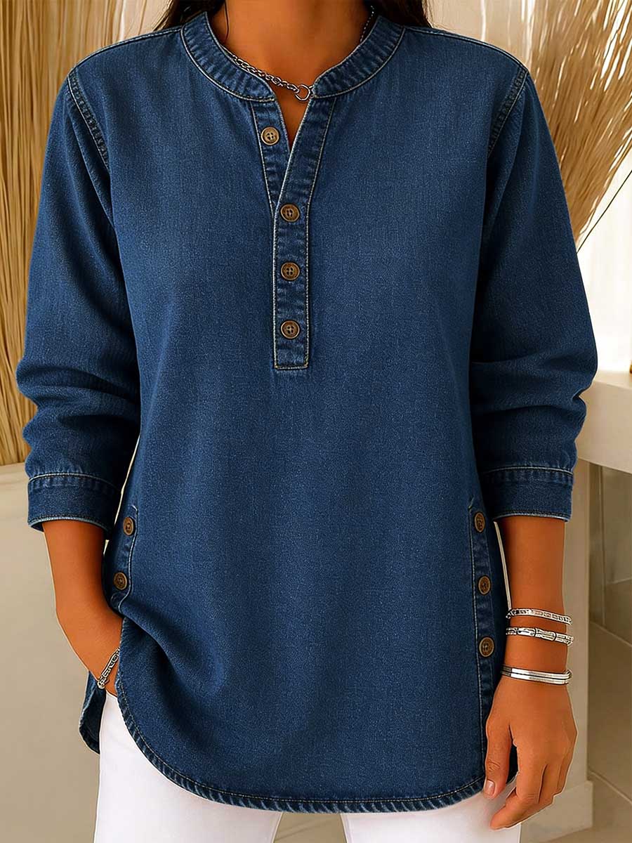 Women's V-neck Long-sleeved Casual Button-up Loose Denim Top - iotean