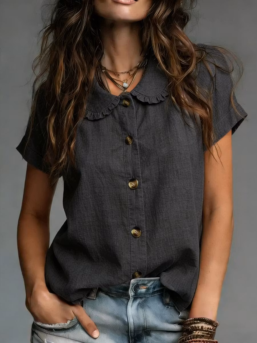 Cozy Minimalist Short-sleeve Peter Pan Collar 100% Cotton T-shirt - iotean