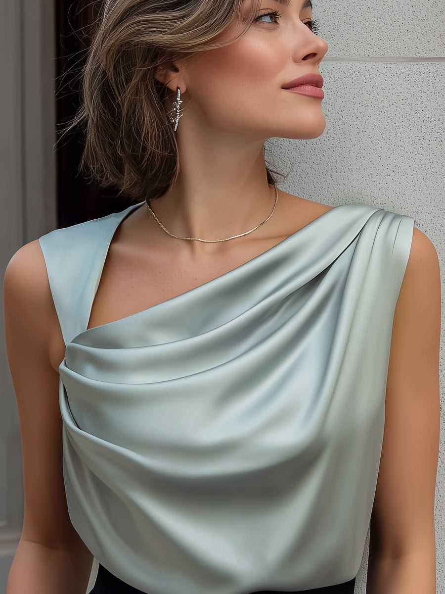 Elegant Sleeveless Satin Draped Neck Blouse - iotean