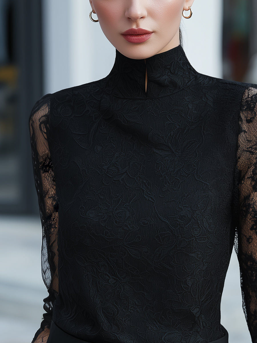 Sheer Long-Sleeve Lace High-Neck Blouse - iotean