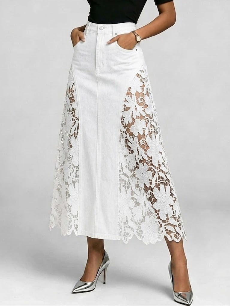 Casual Spliced lace Denim Skirt - iotean